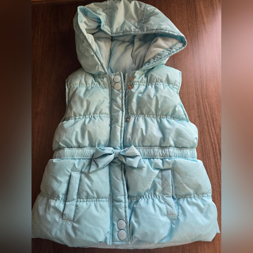 Gymboree Teal Puffer Hooded Vest With Bow Sinched Waist Clean Winter Wear - Picture 2 of 5